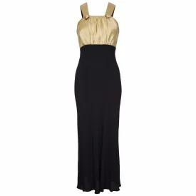1930s Black Silk Dress with Embossed Gold Bodice