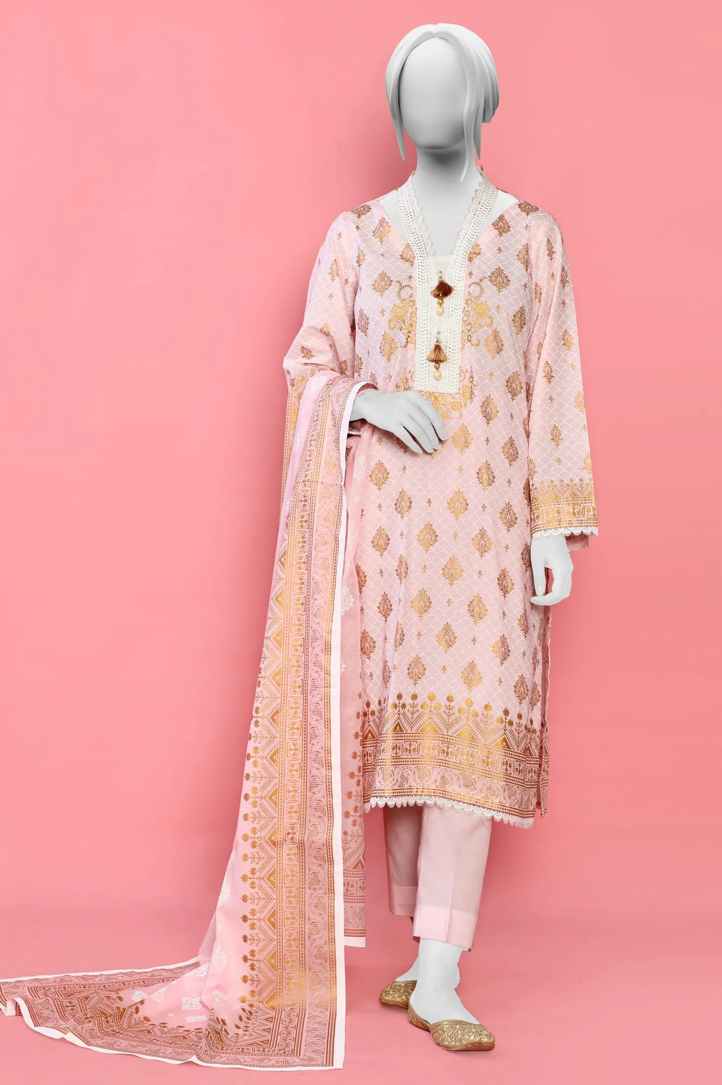 3PC Unstitched Gold Paste Printed