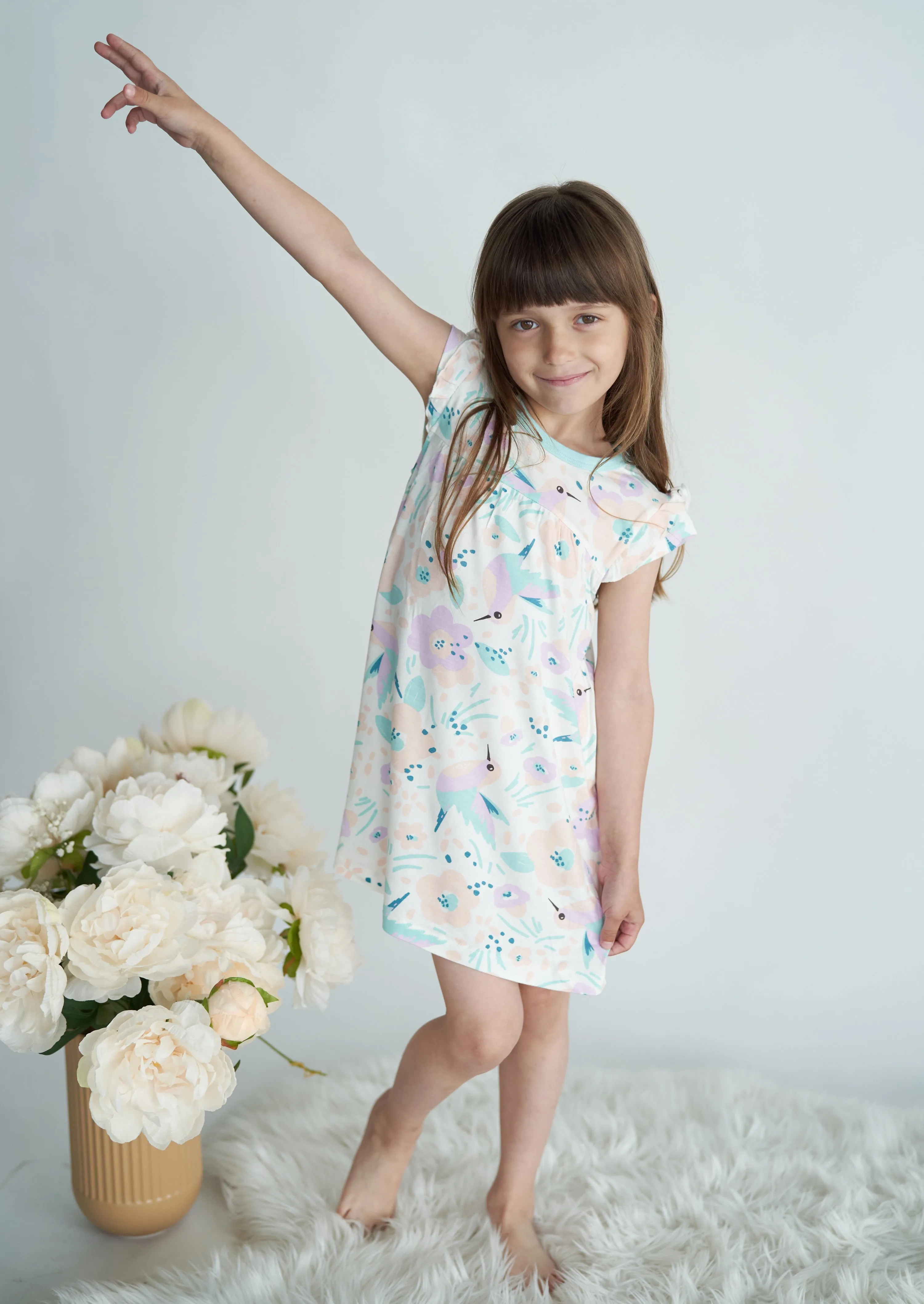 Bamboo Double Sleeve Ruffle Dress with Bloomer (Hummingbird Garden Print)