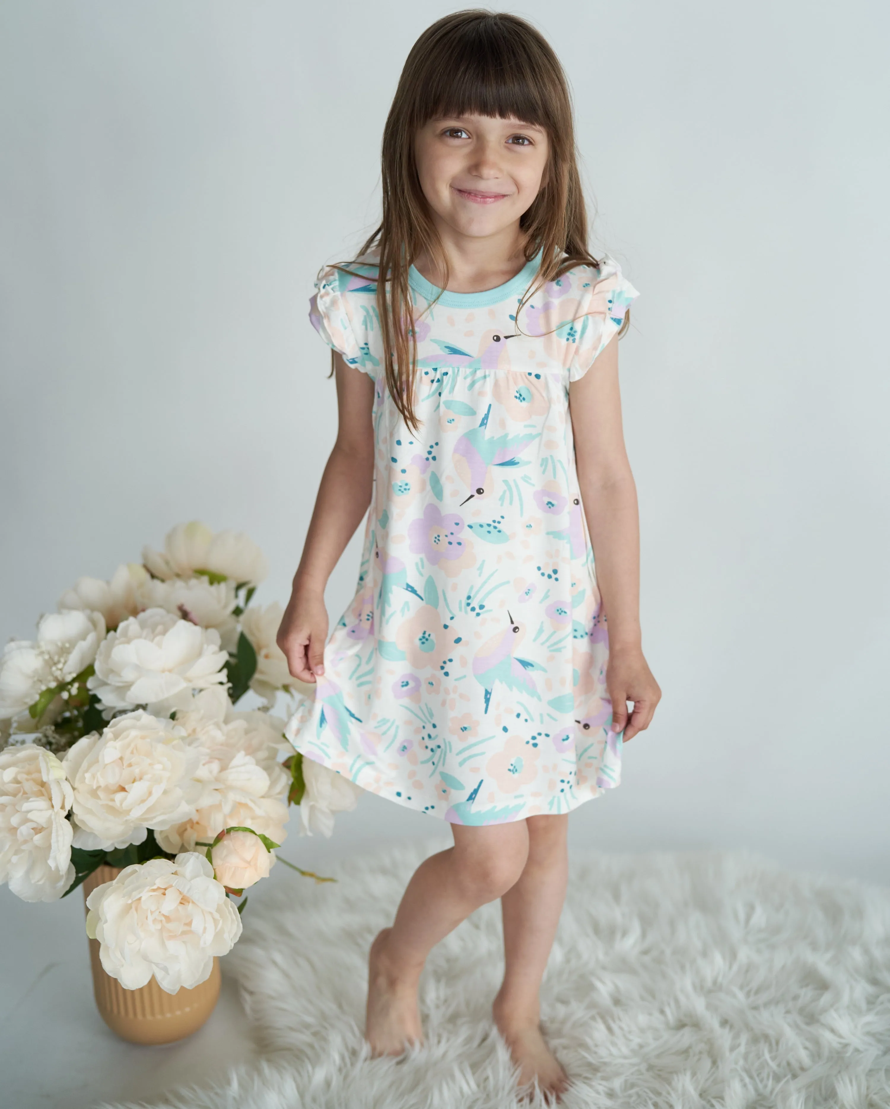Bamboo Double Sleeve Ruffle Dress with Bloomer (Hummingbird Garden Print)