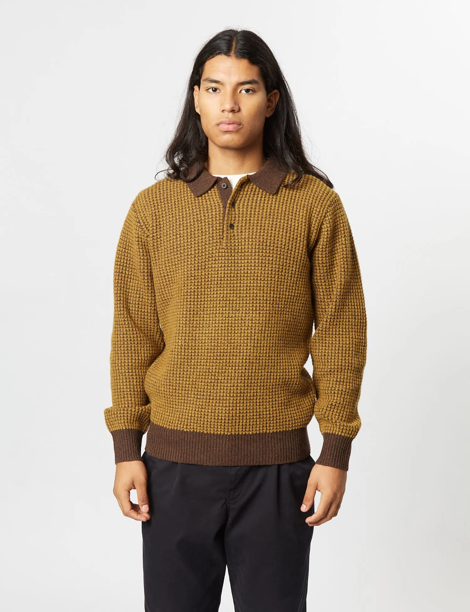 Beams Plus Knit Polo (Crochet) - Brown/Mustard