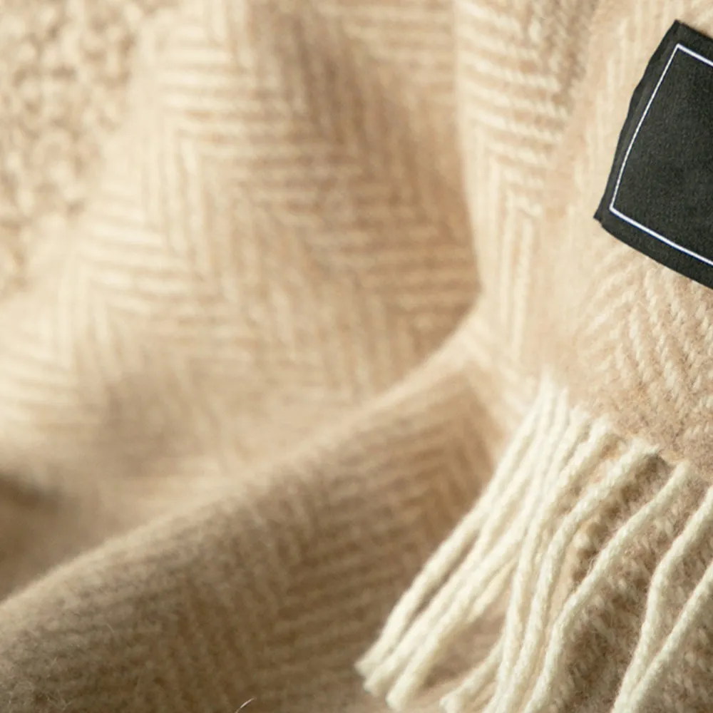 Beige Herringbone Merino & Cashmere Blanket