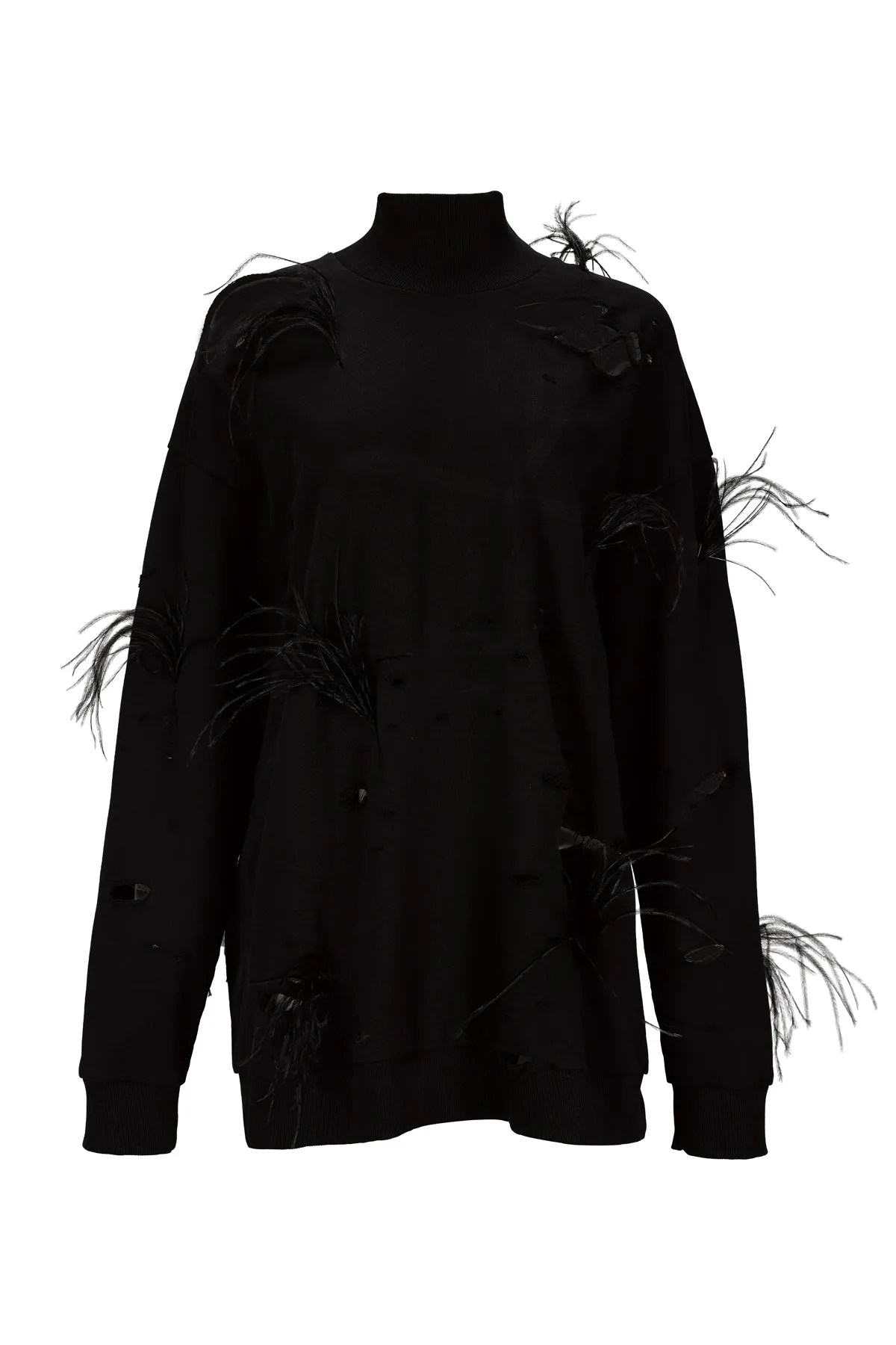 BLACK DISTRESSED TURTLENECK WITH FEATHERS
