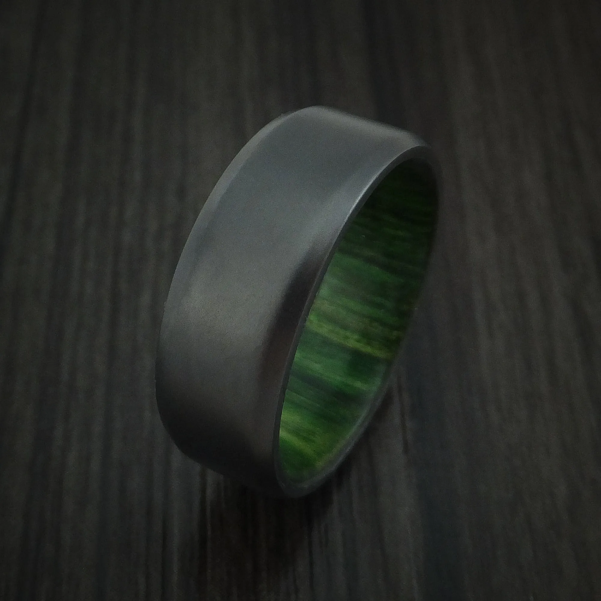 Black Titanium and Jade Wood Hard Wood Sleeve Men's Ring Custom Made