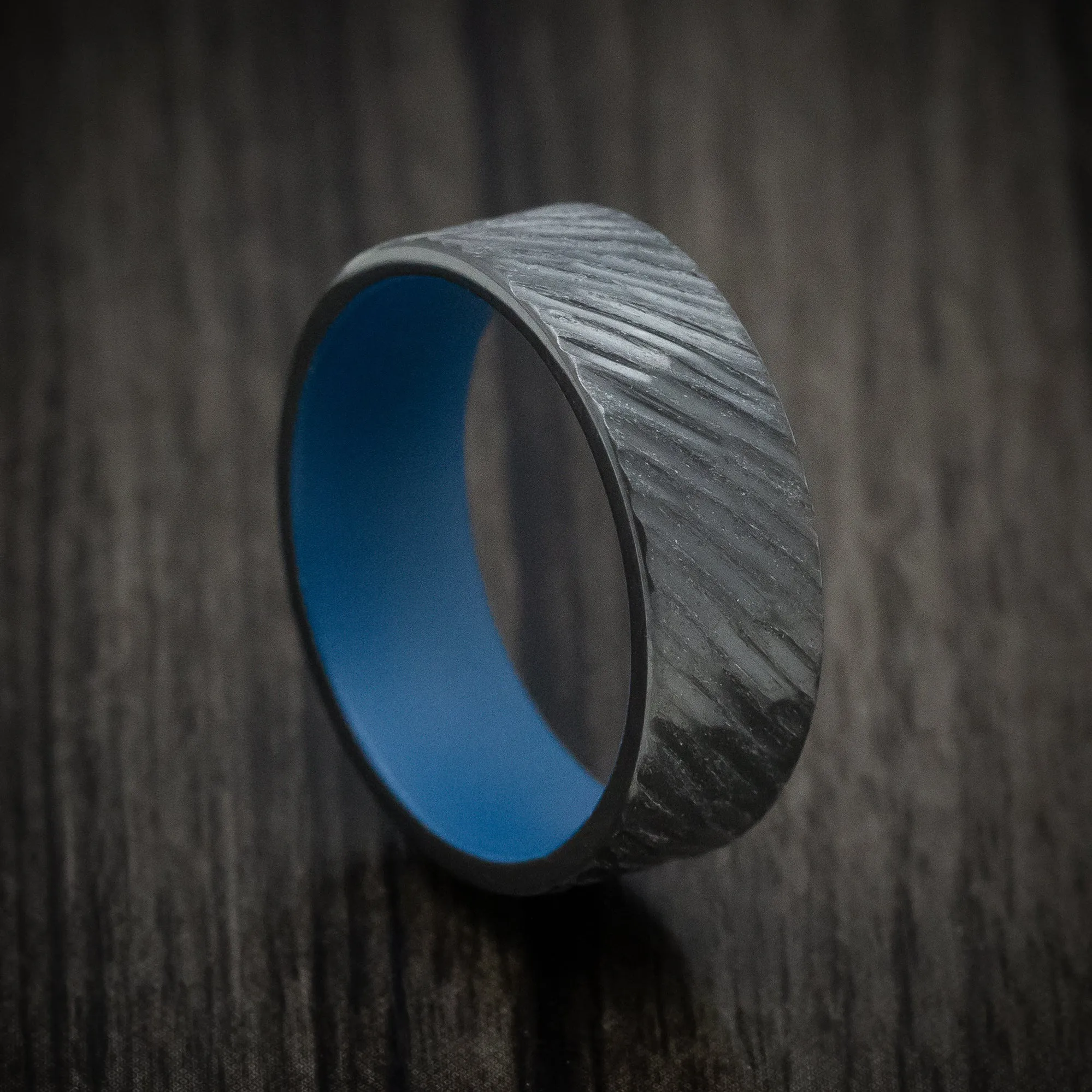 Black Titanium Men's Ring with Angled Treebark Finish and Cerakote Sleeve