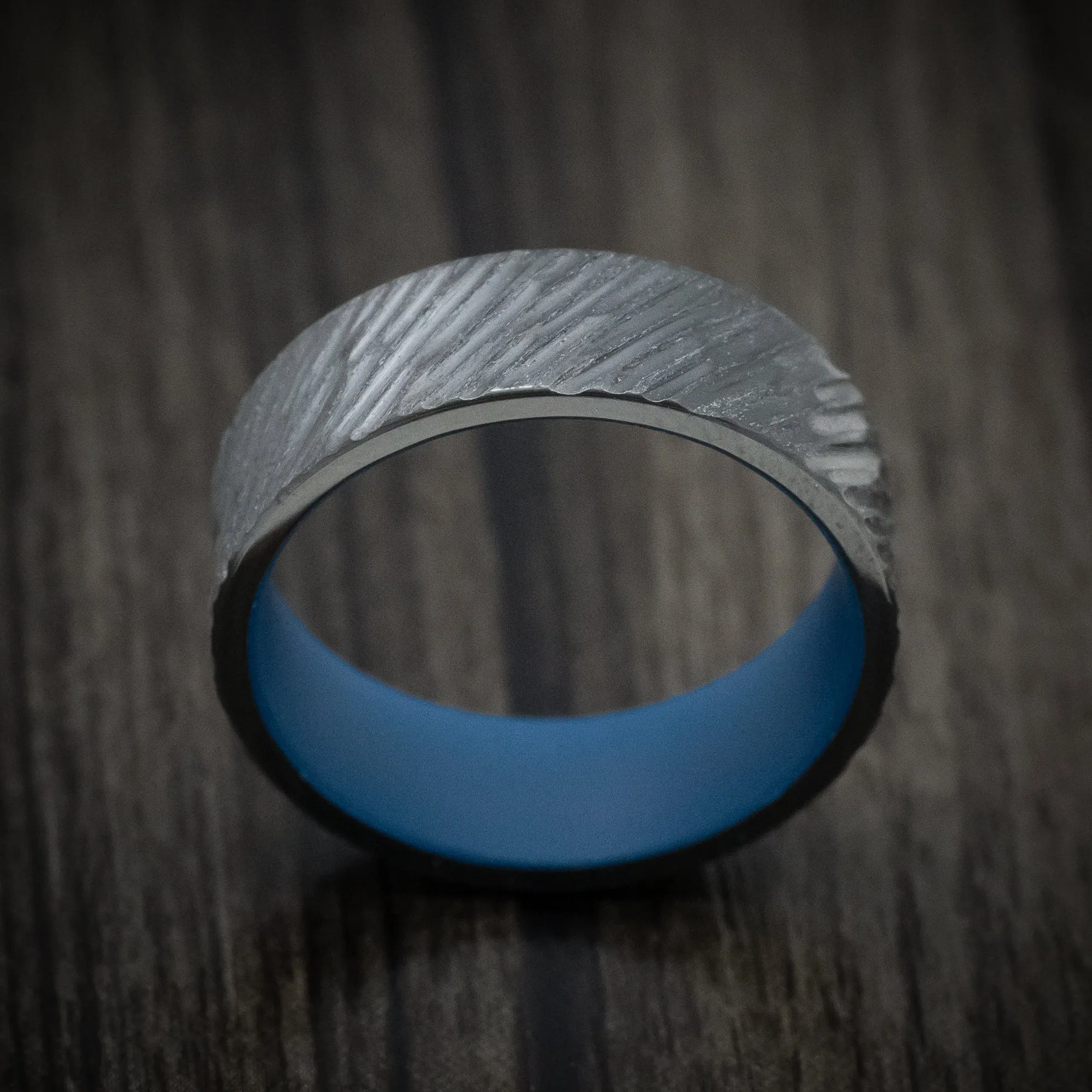 Black Titanium Men's Ring with Angled Treebark Finish and Cerakote Sleeve