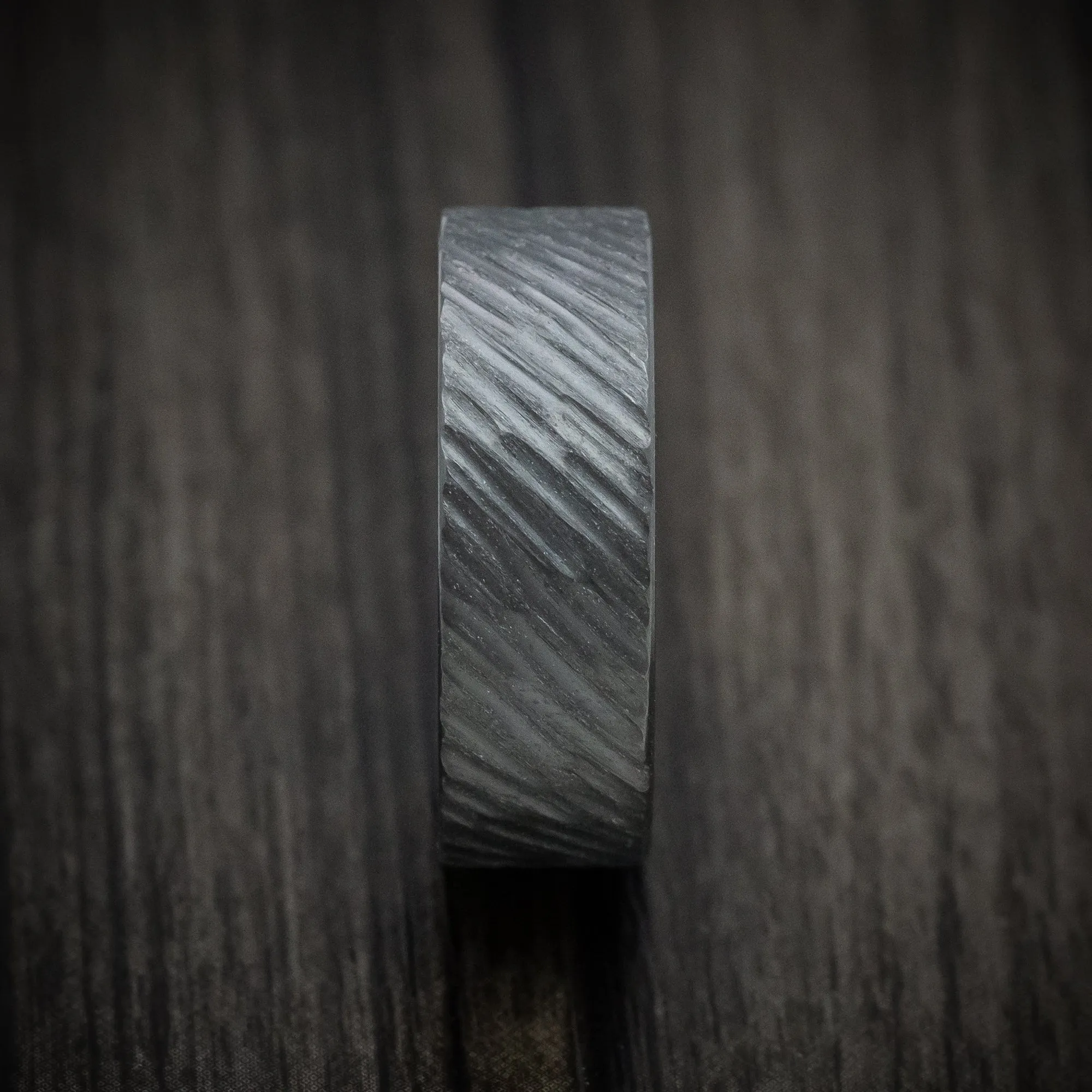 Black Titanium Men's Ring with Angled Treebark Finish and Cerakote Sleeve