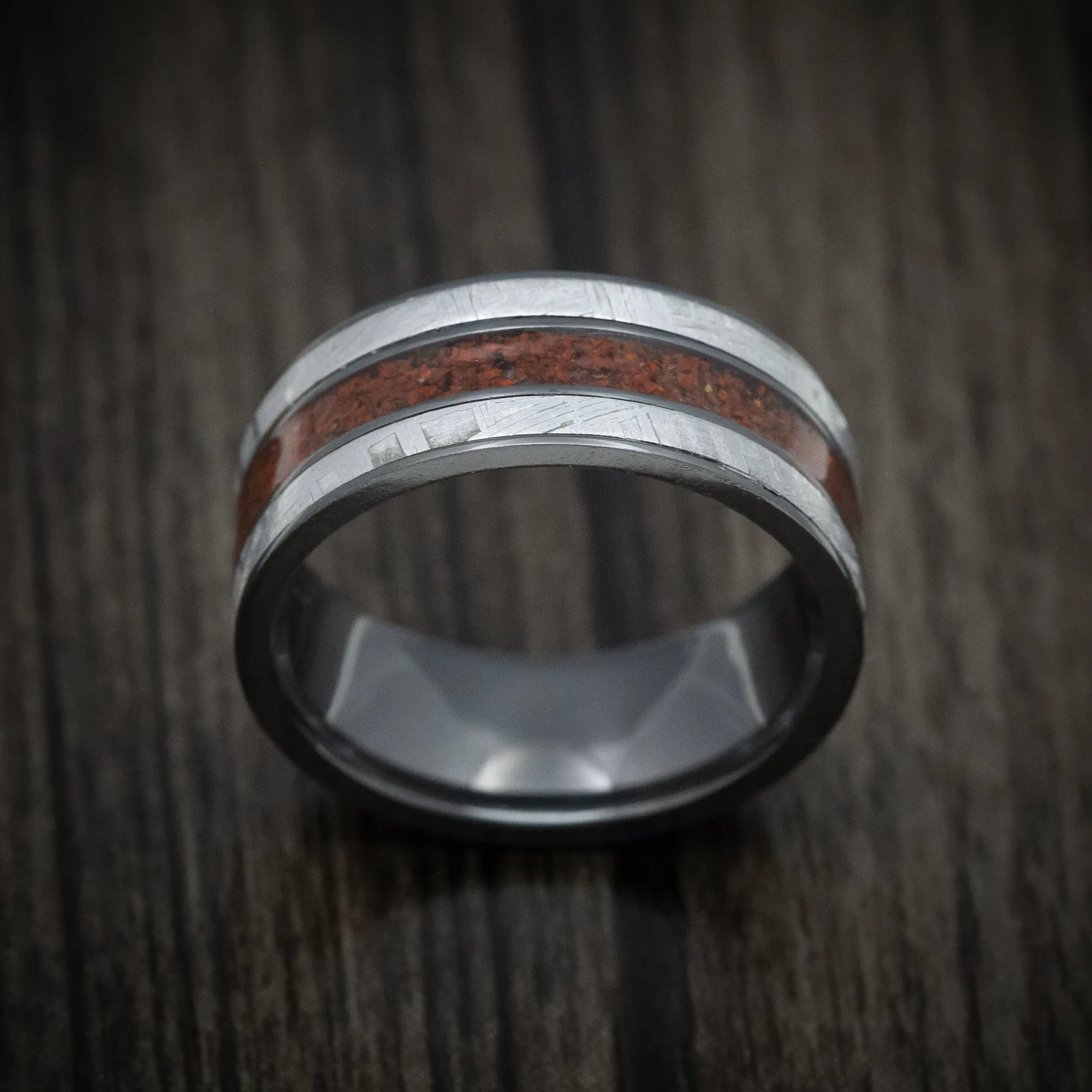Black Titanium Meteorite and Dinosaur Bone Inlays Men's Ring Custom Made