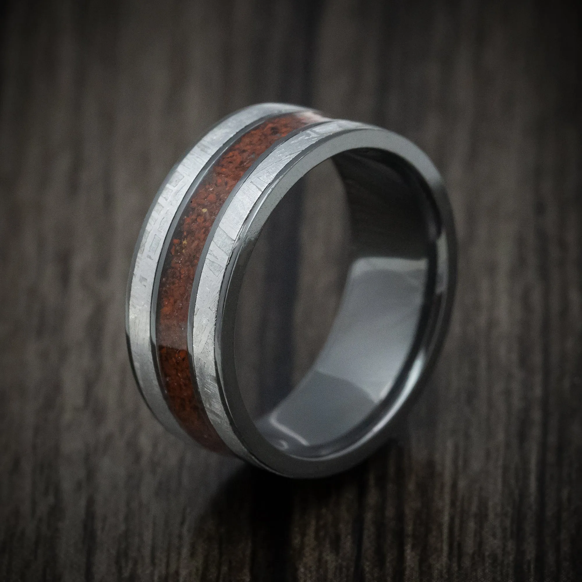 Black Titanium Meteorite and Dinosaur Bone Inlays Men's Ring Custom Made