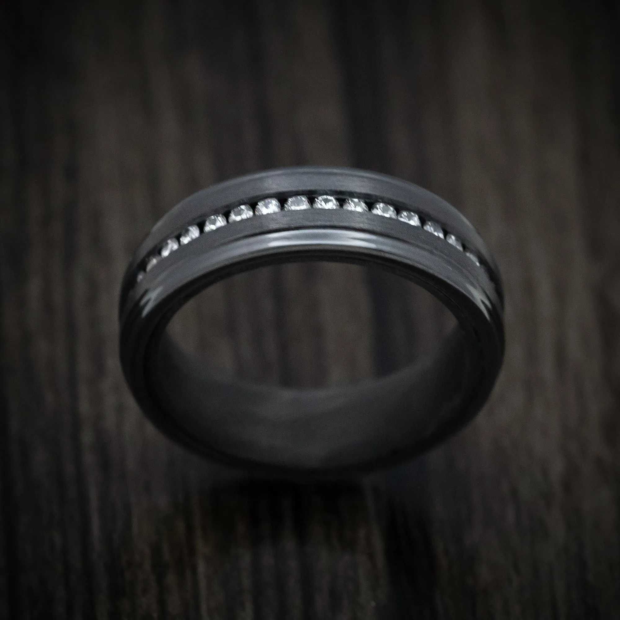 Black Zirconium and Diamond Men's Ring with Forged Carbon Fiber Sleeve Custom Made