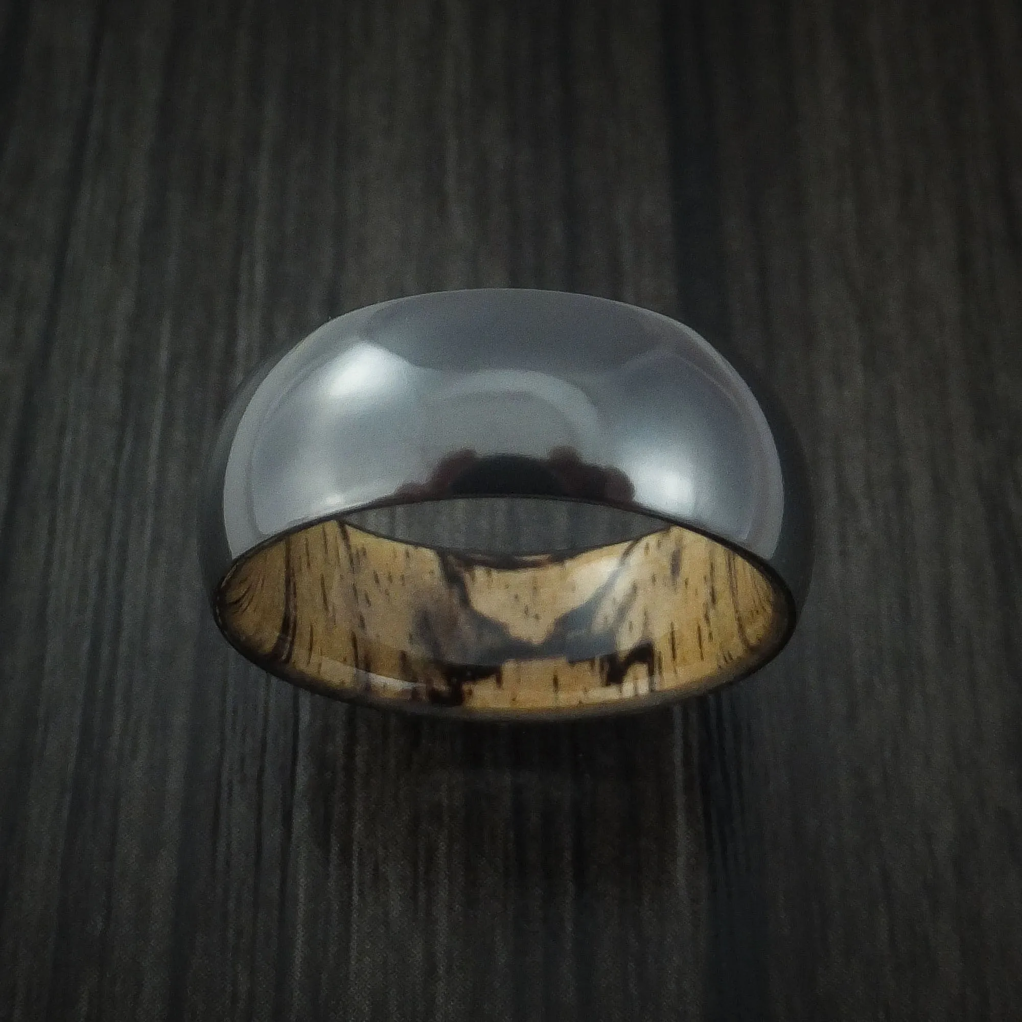 Black Zirconium and Spalted Tamarind Wood Hard Wood Sleeve Men's Ring Custom Made