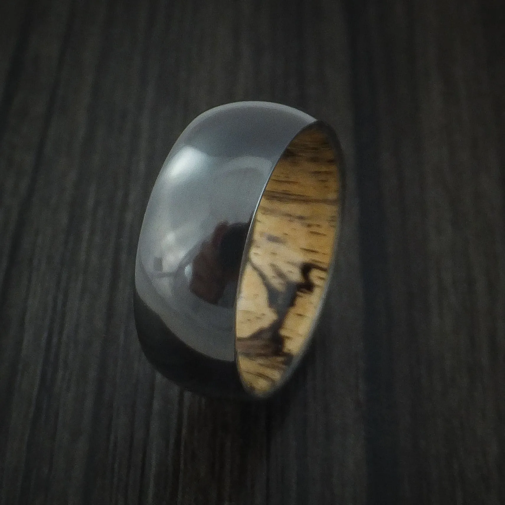 Black Zirconium and Spalted Tamarind Wood Hard Wood Sleeve Men's Ring Custom Made