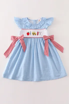 Blue apple embroidery swiss dot dress