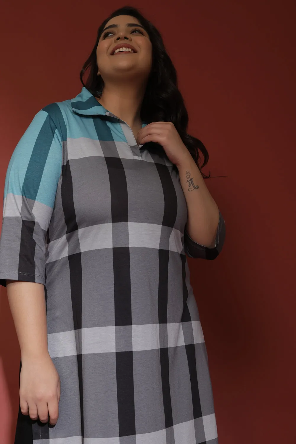 Blue Black Check Printed Kurta