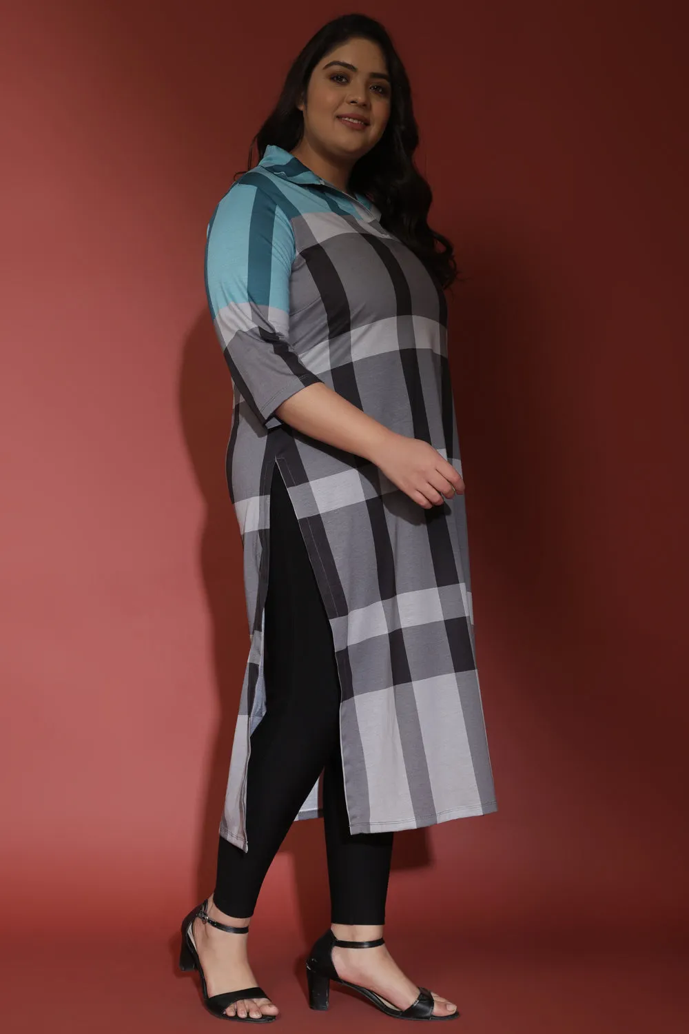 Blue Black Check Printed Kurta