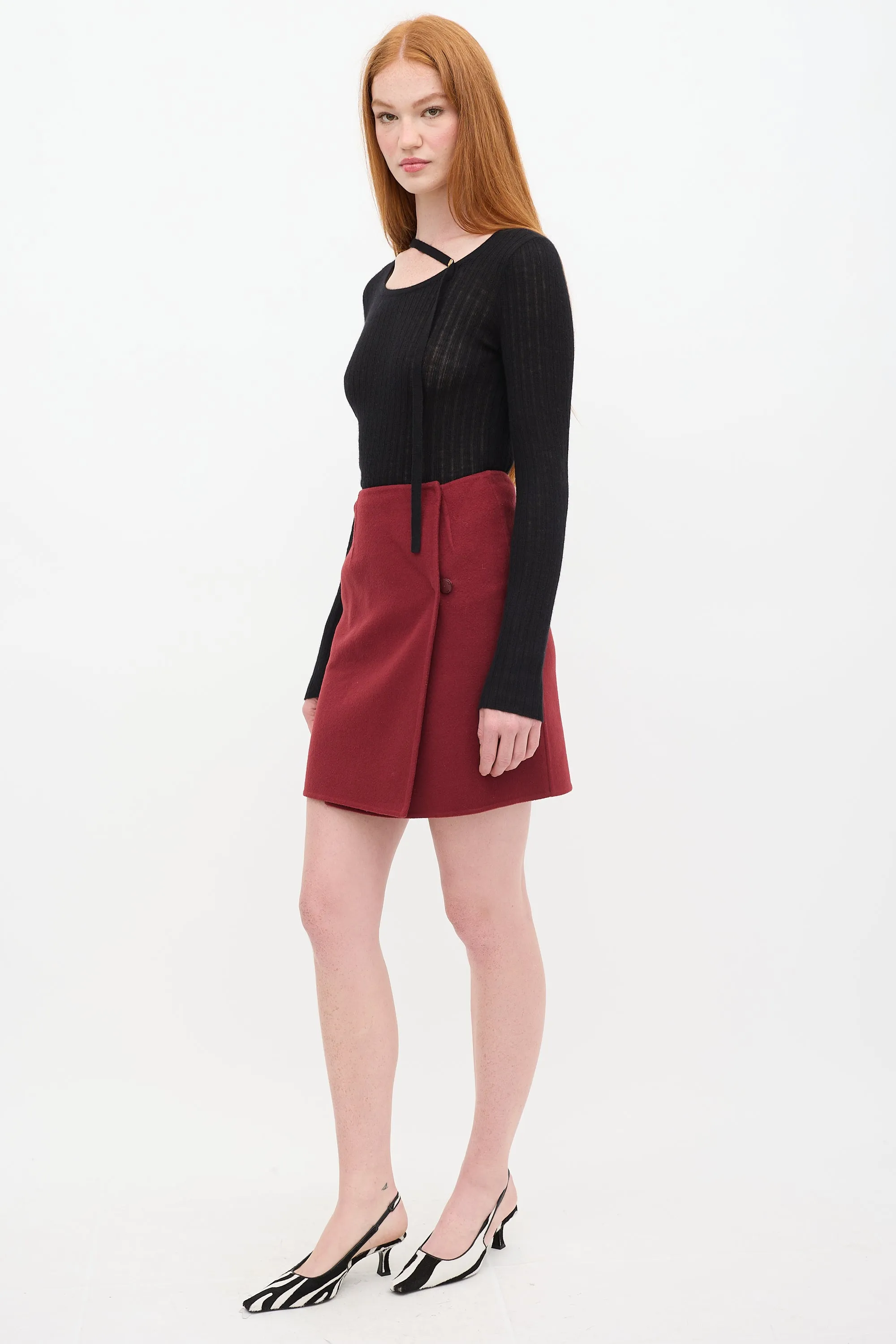 Burgundy Wool Wrap Mini Skirt