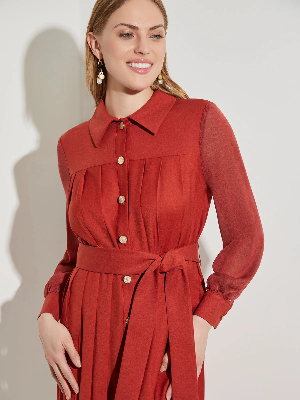 Button-Front Tie-Waist Woven Midi Dress