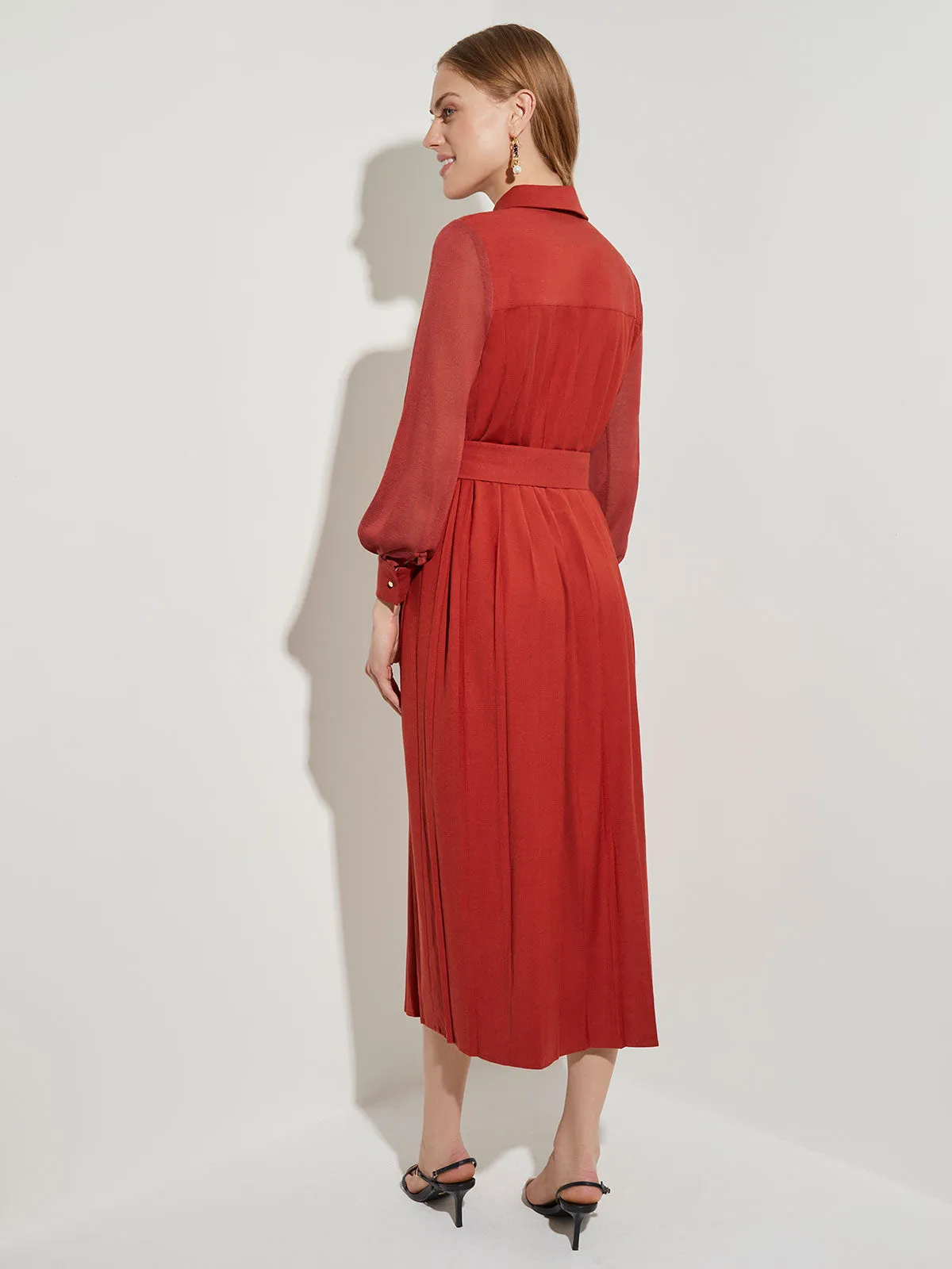 Button-Front Tie-Waist Woven Midi Dress