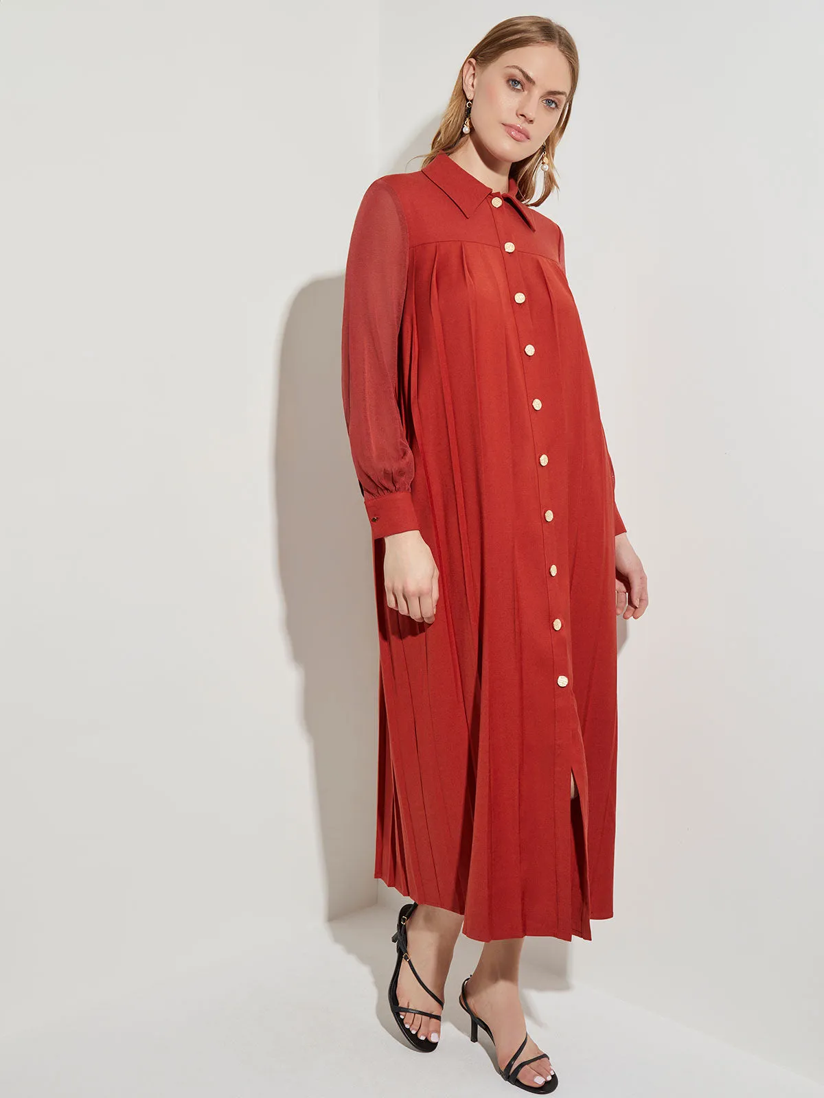 Button-Front Tie-Waist Woven Midi Dress