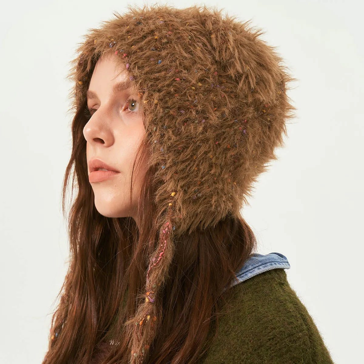 Colorful Dotted Yarn Wool Blend Fluffy Faux Fur Bear Ear Bonnet Cap