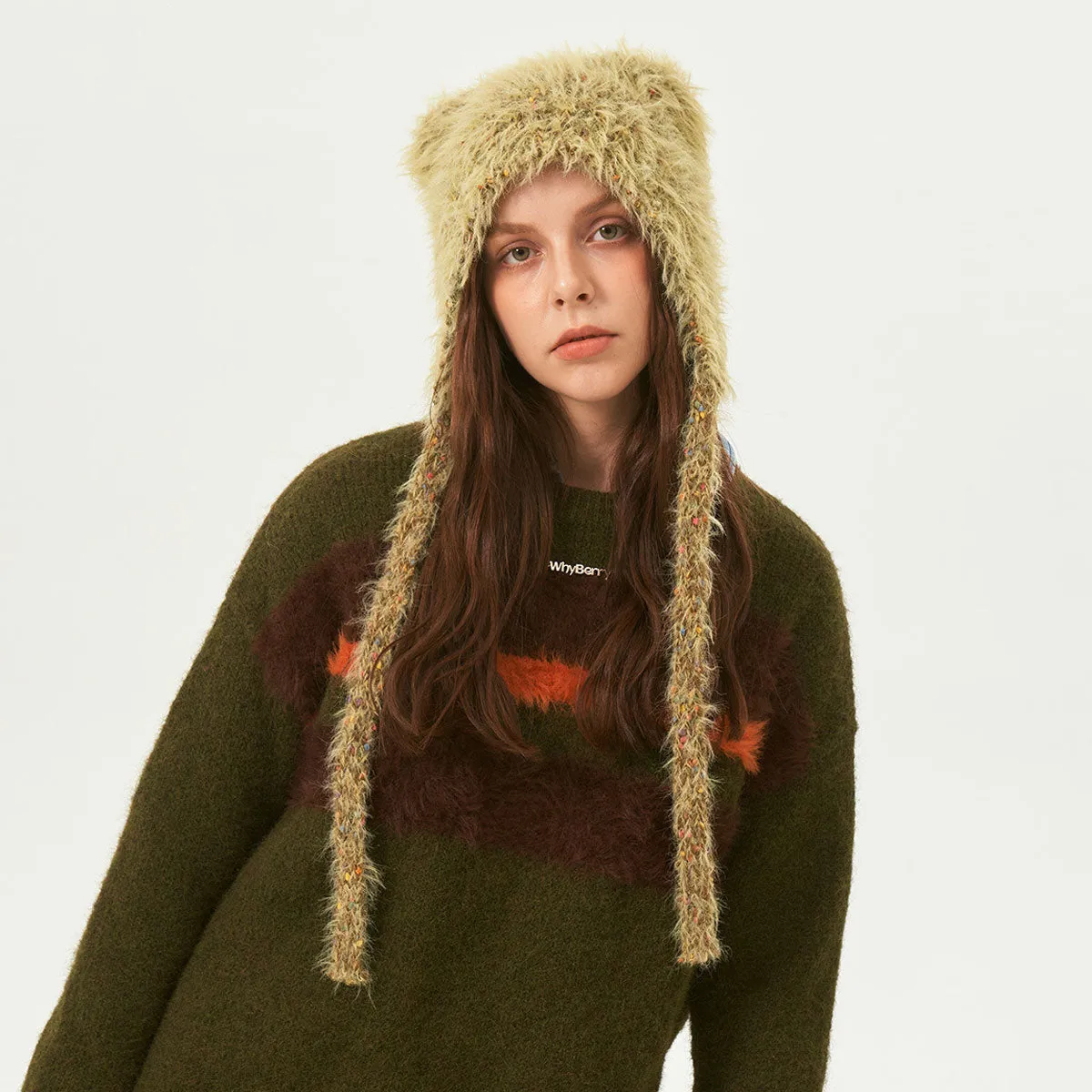 Colorful Dotted Yarn Wool Blend Fluffy Faux Fur Bear Ear Bonnet Cap