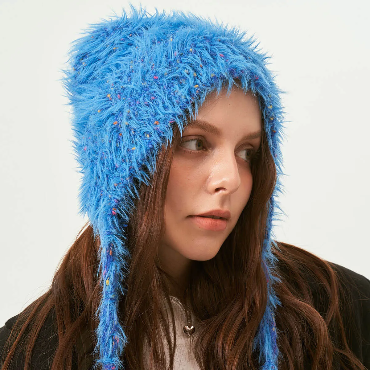 Colorful Dotted Yarn Wool Blend Fluffy Faux Fur Bear Ear Bonnet Cap
