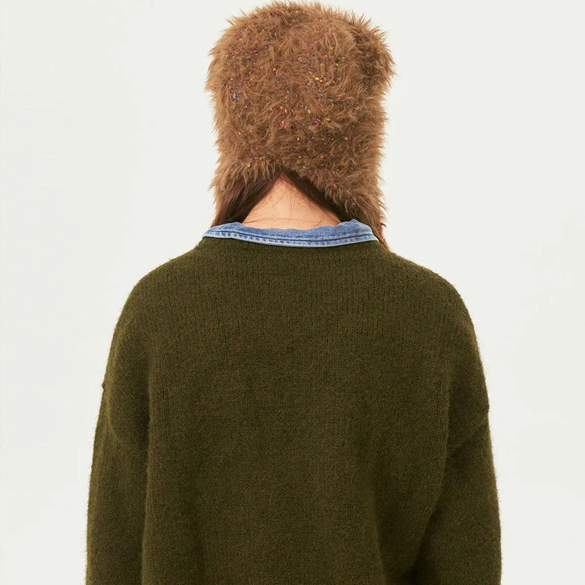 Colorful Dotted Yarn Wool Blend Fluffy Faux Fur Bear Ear Bonnet Cap