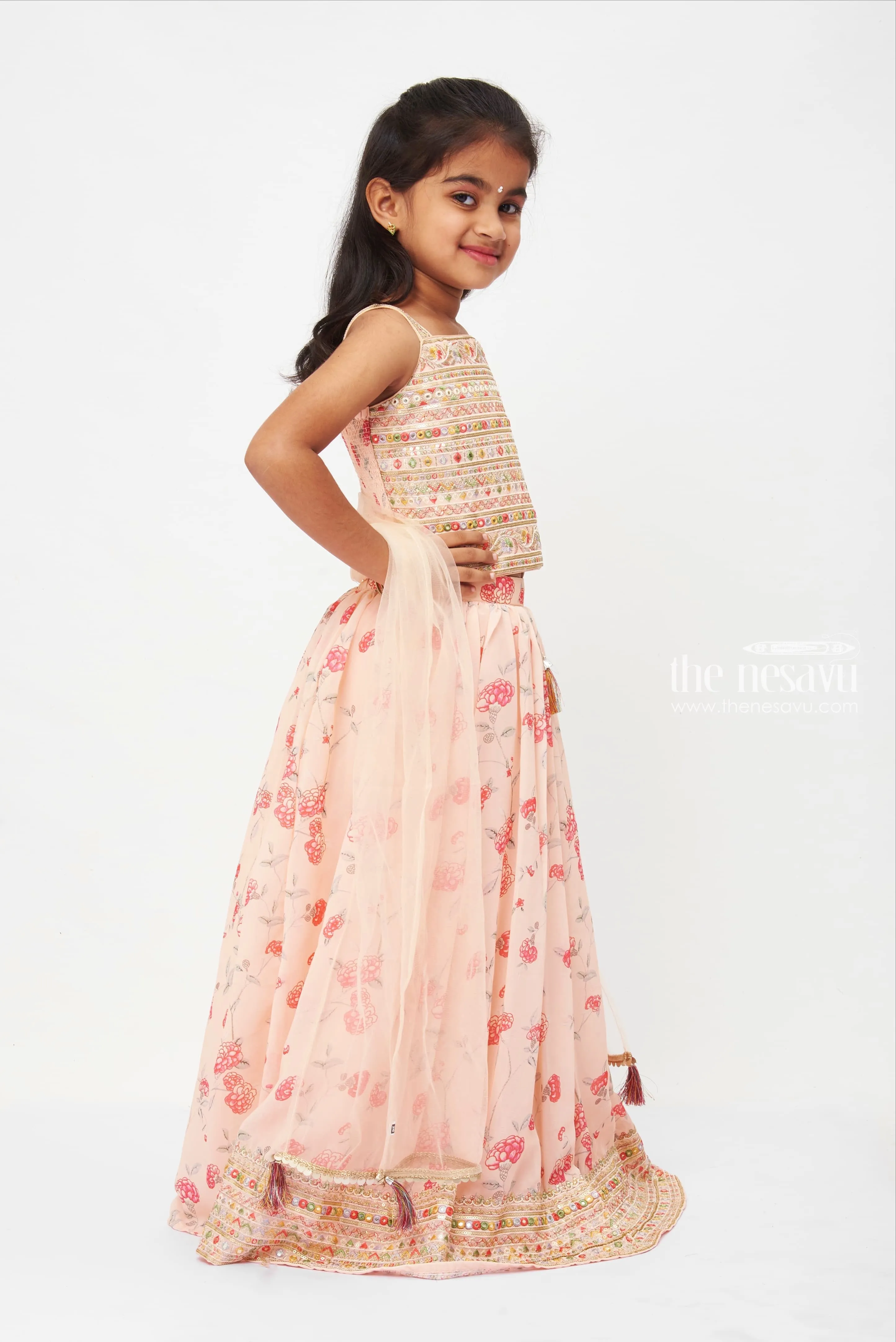 Elegant Peach Floral Lehenga Choli with Sheer Dupatta for Girls - Traditional Festive Wear