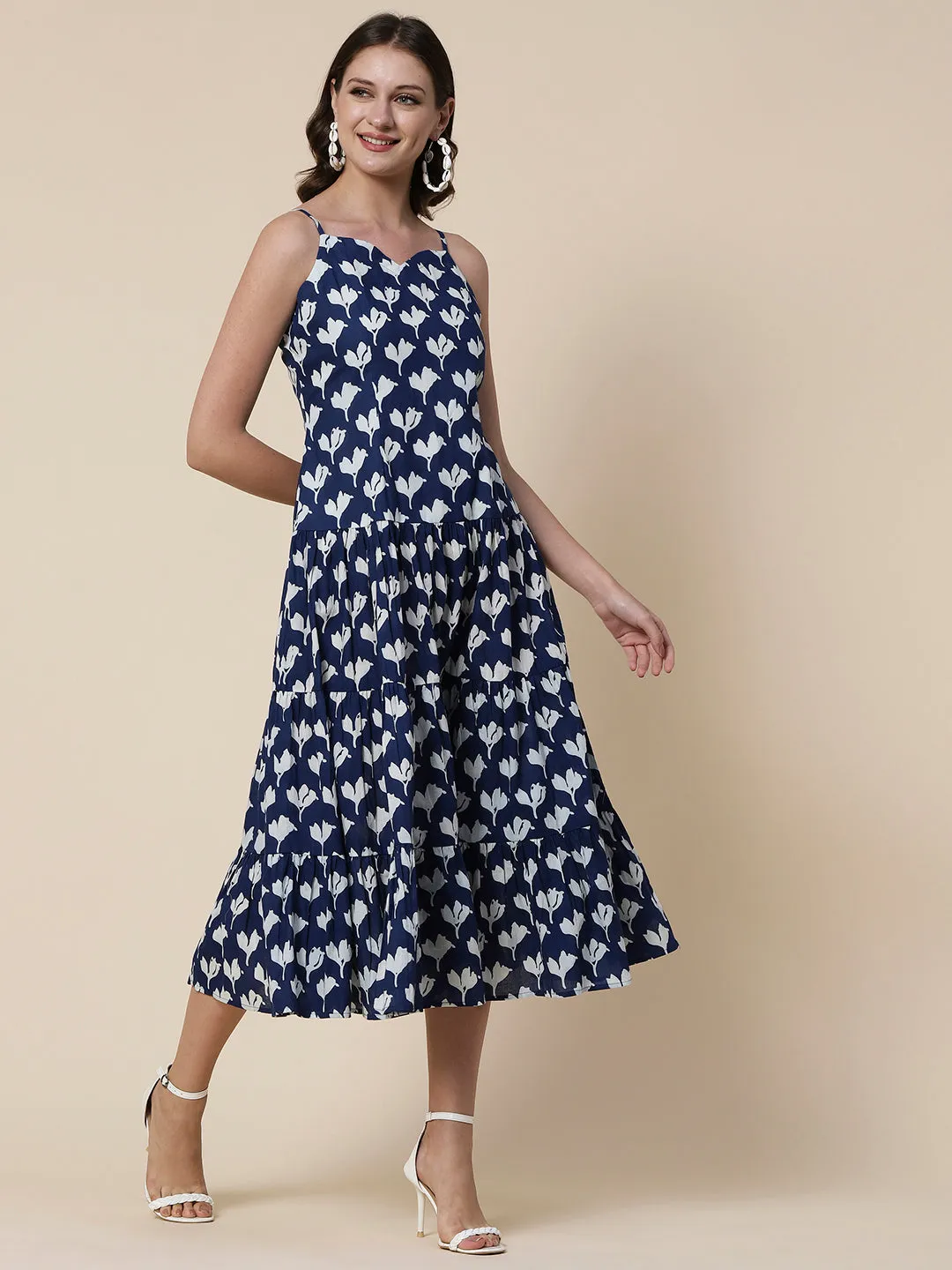 Ethnic Floral Printed A-Line Tiered Flared Maxi Dress - Blue