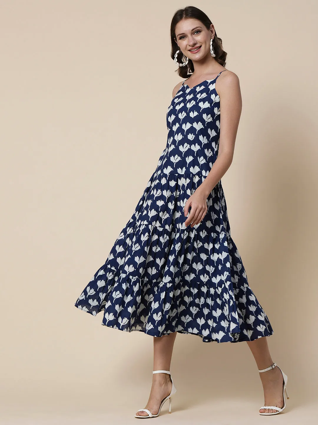 Ethnic Floral Printed A-Line Tiered Flared Maxi Dress - Blue