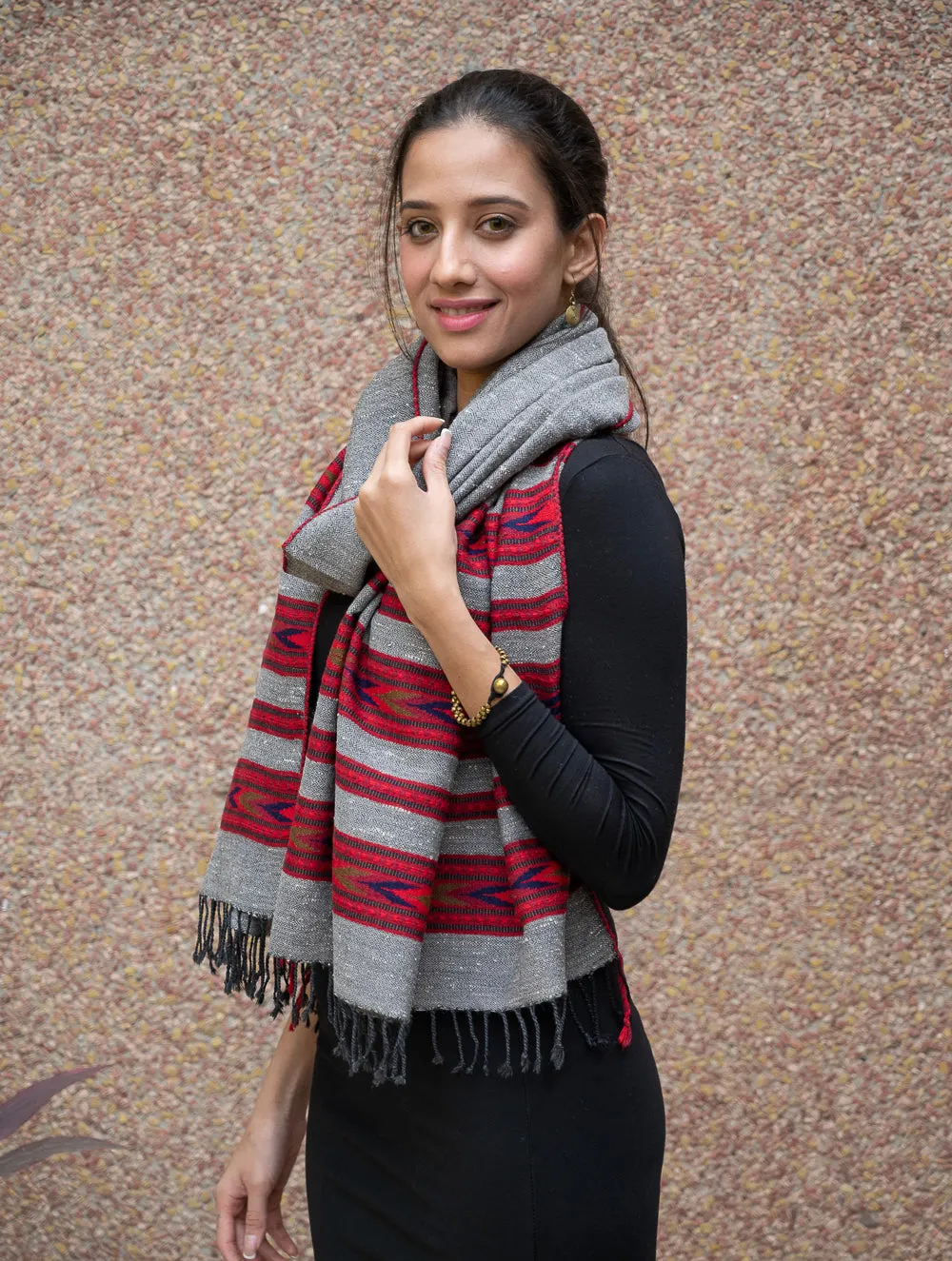 Exclusive, Soft Himachal Wool Stole - 6 Panels, Grey