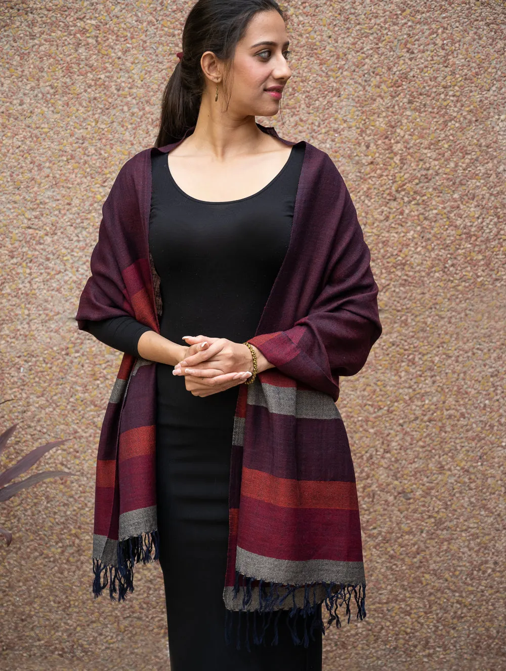 Fine, Soft Himachal Wool Striped Stole - Wine Red