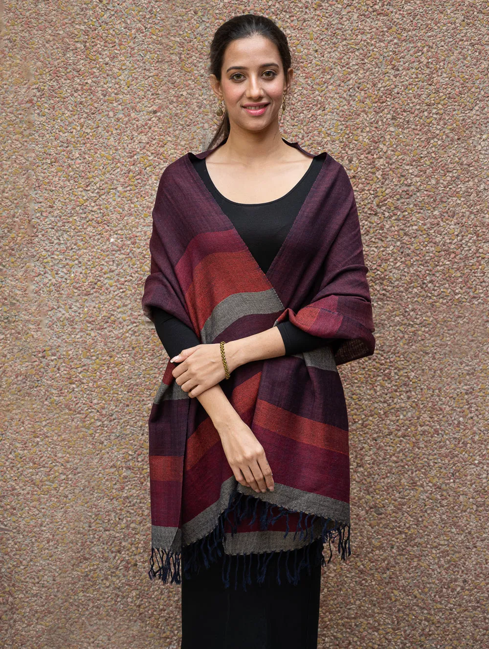 Fine, Soft Himachal Wool Striped Stole - Wine Red