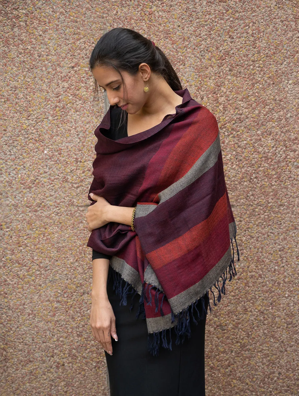 Fine, Soft Himachal Wool Striped Stole - Wine Red