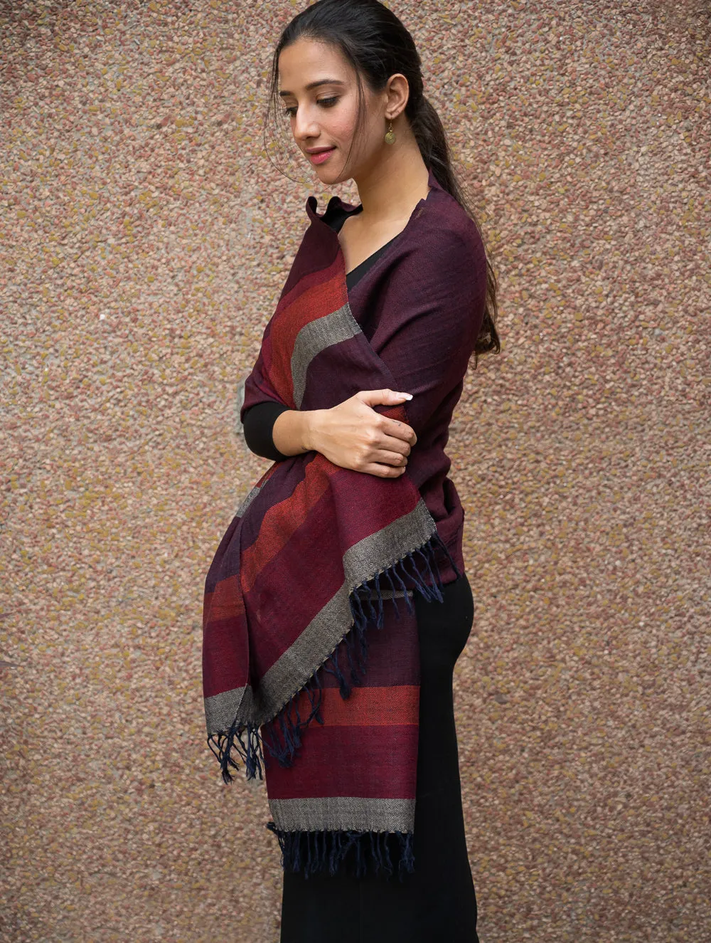 Fine, Soft Himachal Wool Striped Stole - Wine Red