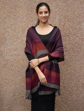 Fine, Soft Himachal Wool Striped Stole - Wine Red