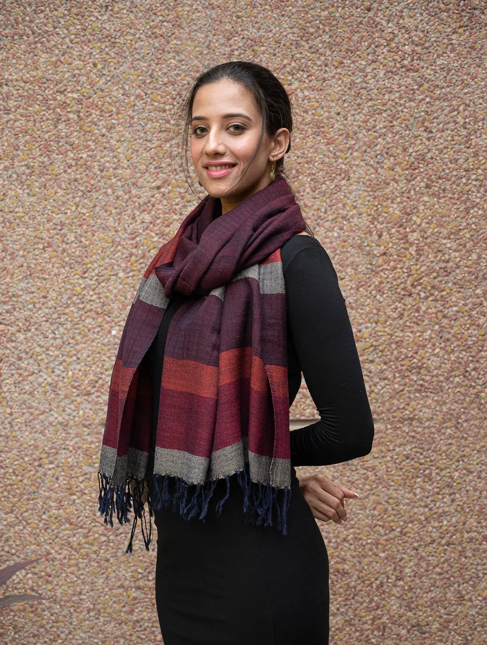 Fine, Soft Himachal Wool Striped Stole - Wine Red