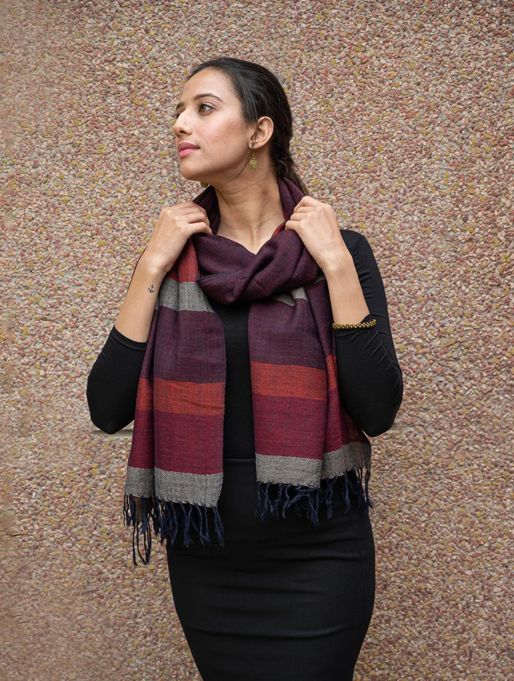 Fine, Soft Himachal Wool Striped Stole - Wine Red