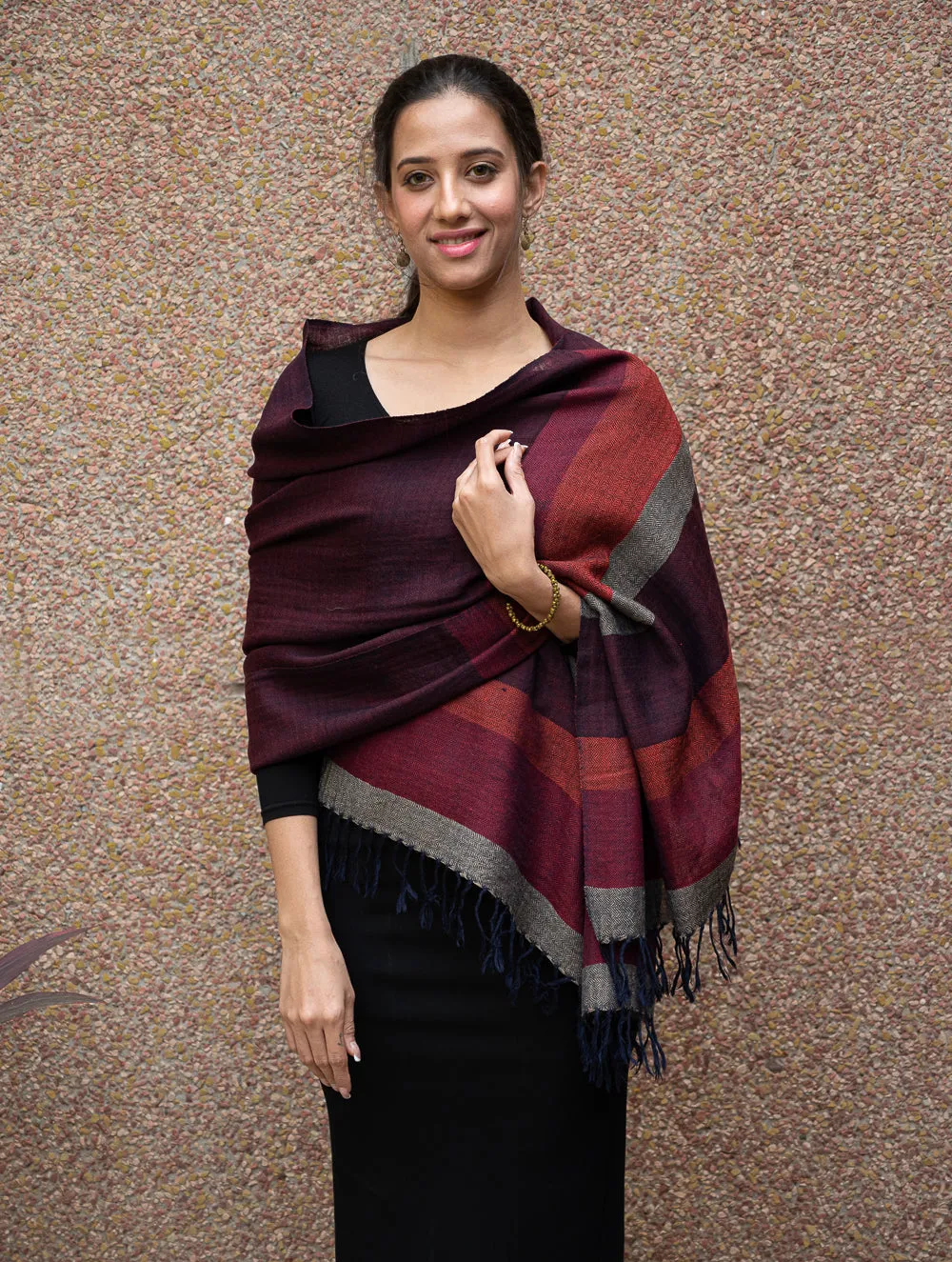 Fine, Soft Himachal Wool Striped Stole - Wine Red