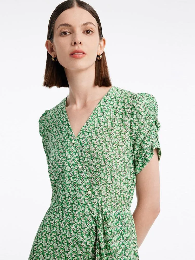 Green Printed V-Neck Midi Dress