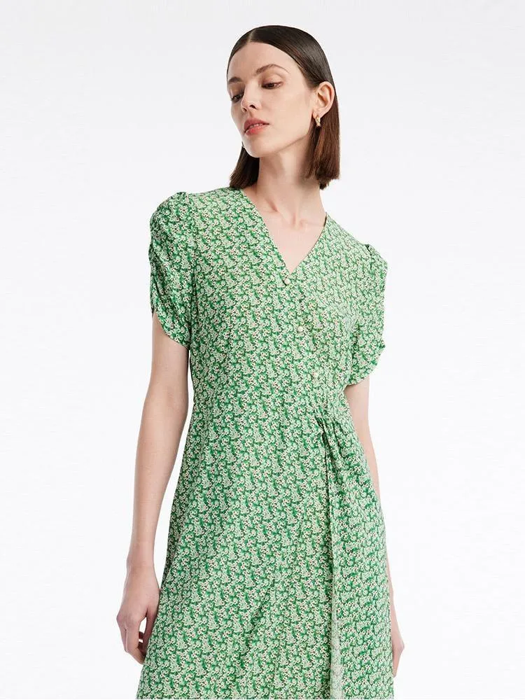 Green Printed V-Neck Midi Dress