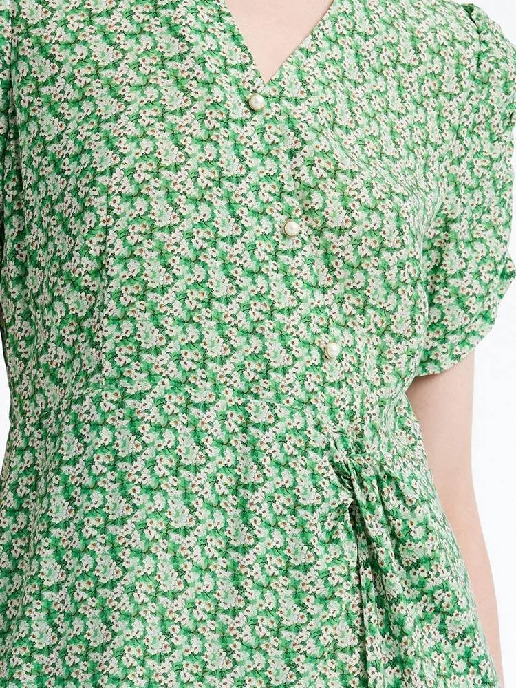 Green Printed V-Neck Midi Dress