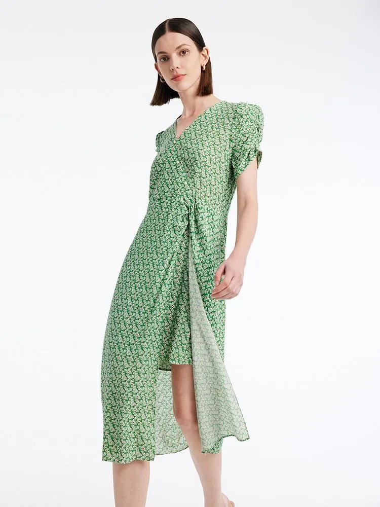 Green Printed V-Neck Midi Dress