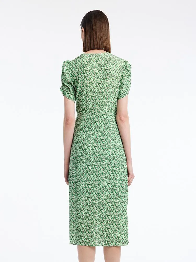 Green Printed V-Neck Midi Dress