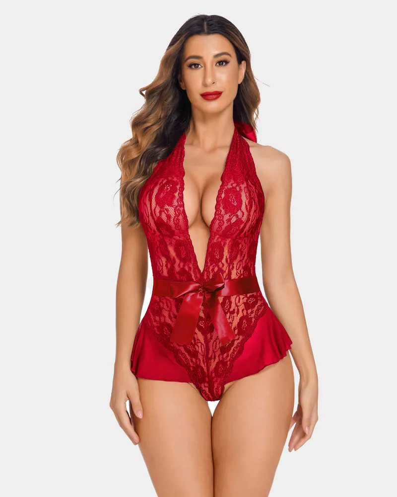 Halter V Neck One Piece Lingerie