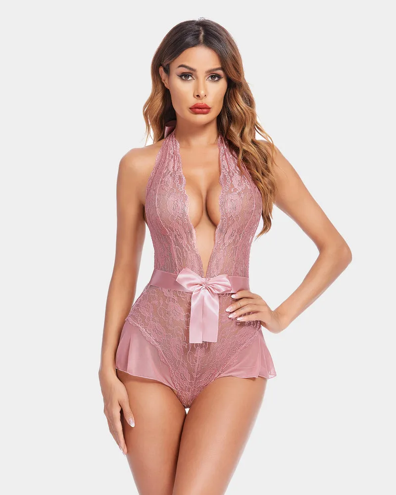 Halter V Neck One Piece Lingerie