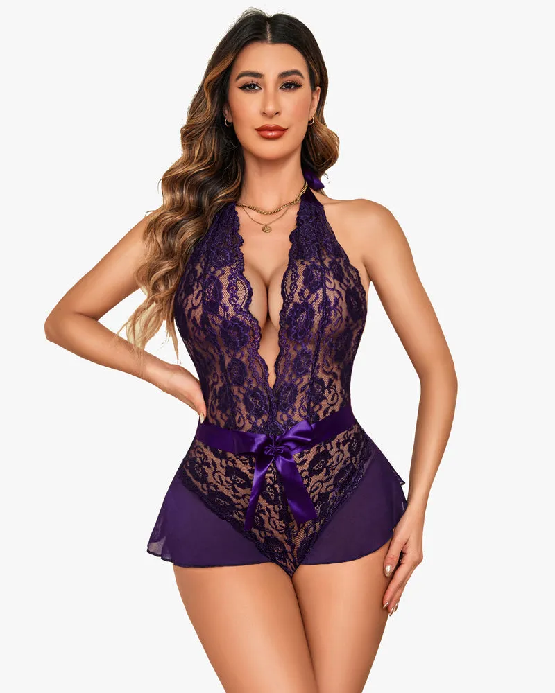 Halter V Neck One Piece Lingerie