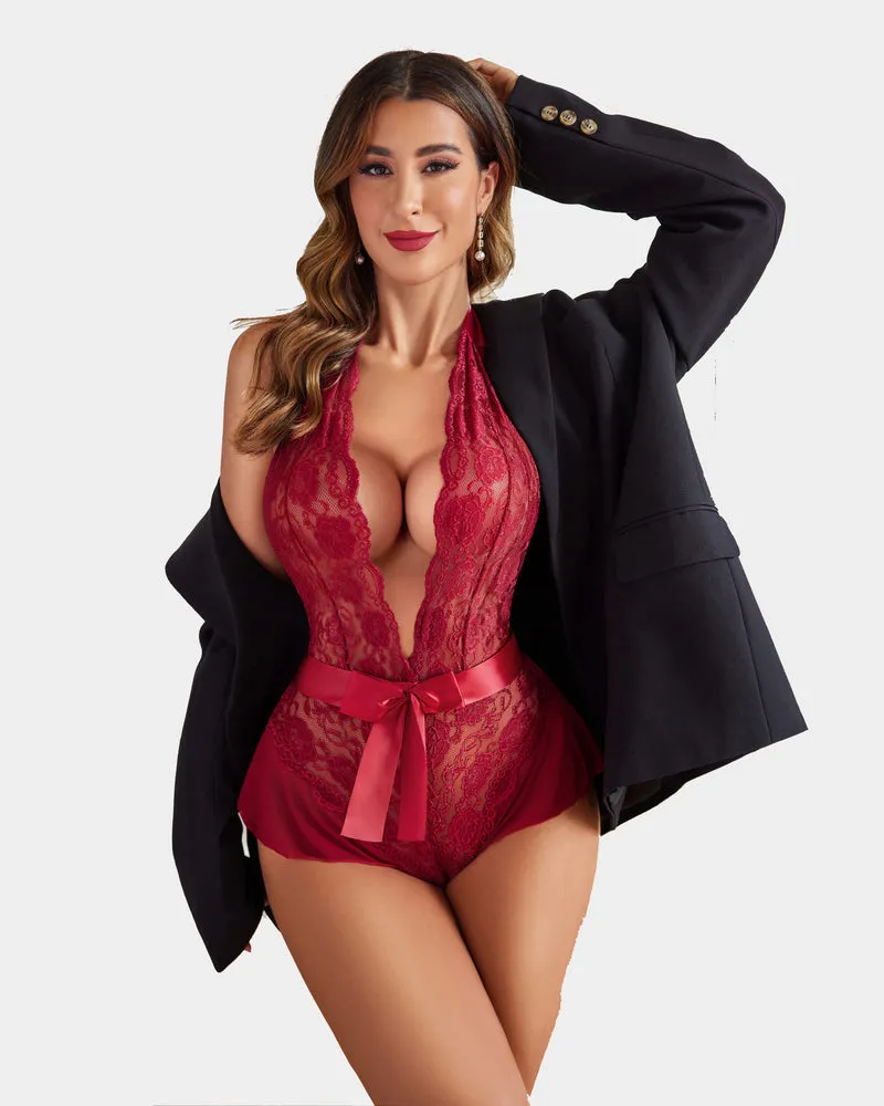 Halter V Neck One Piece Lingerie