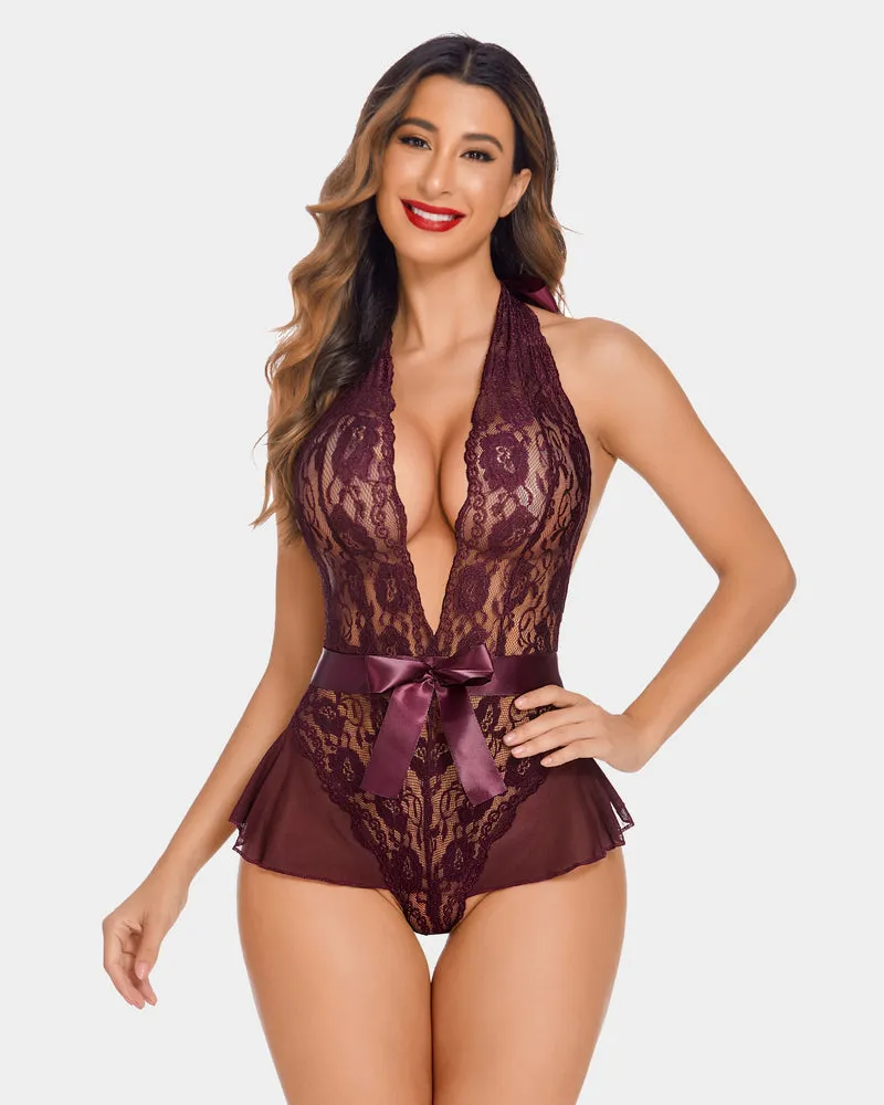 Halter V Neck One Piece Lingerie