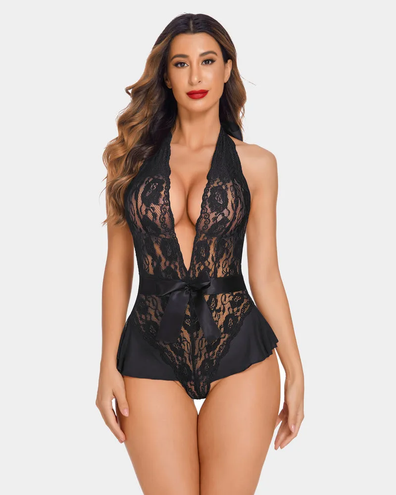 Halter V Neck One Piece Lingerie